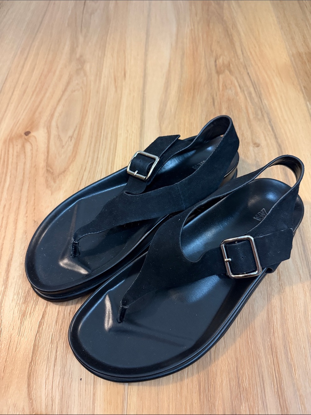 LEATHER Zara Black Slingback Thong Sandals with Buckle